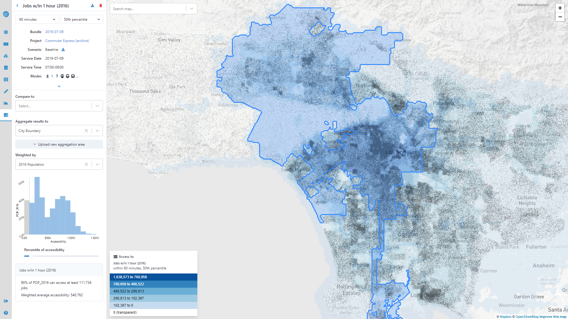 Summarizing access to jobs for city residents in the 2016 baseline year