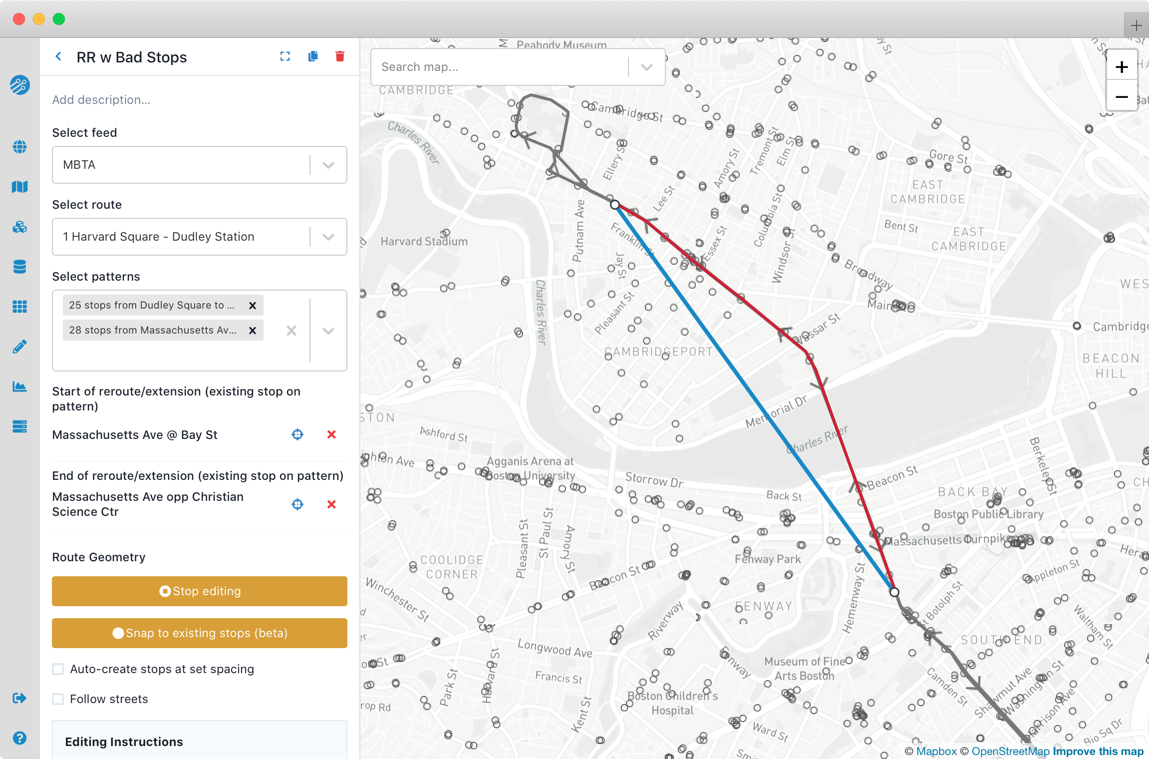 A trip pattern being extended from a selected stop at the end of the line.